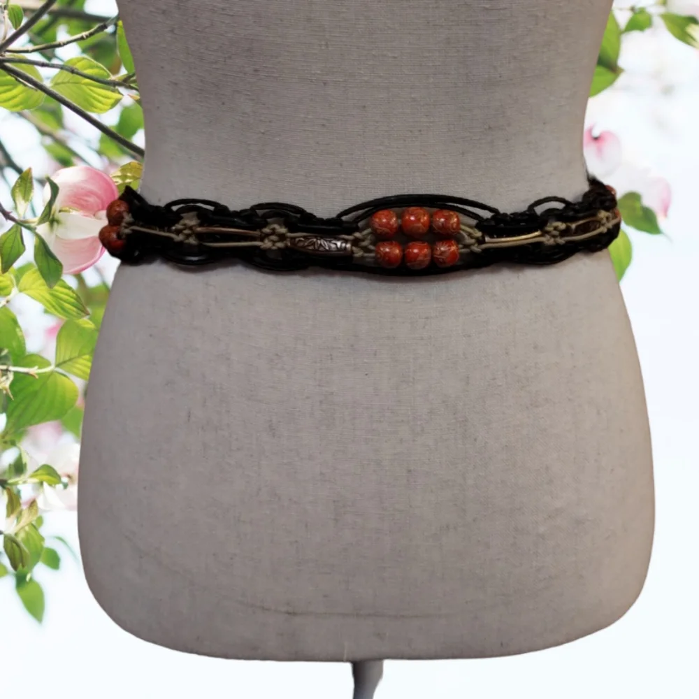 Macrame Beaded & Shell Belt With Tie Front Size XS to S